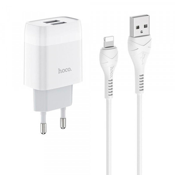 Набір СЗУ 110-240V HOCO C73A+ кабель Lighting, 2xUSB, 2.4A, кабель 1м, White, Blister