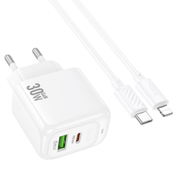 Набір СЗУ HOCO CS55A + Type-C/Lighting кабель, 1xUSB+1xUSB-C, PD30W+QC3.0, кабель 1м, White, Box
