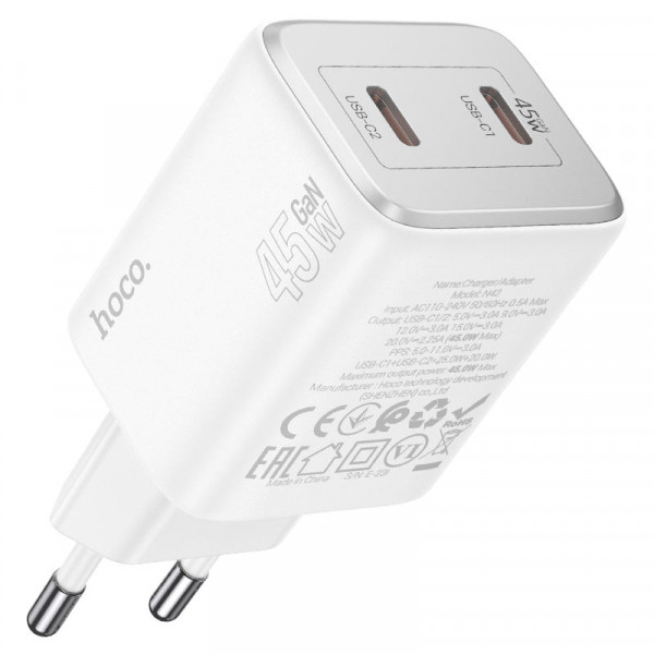 Набір СЗУ HOCO N42 + кабель Lighting, 2xUSB-C, PD45W, кабель 1м, White, Box