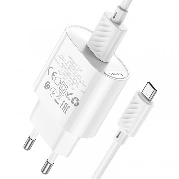 Набір СЗУ 110-240V HOCO C109A 1xUSB+ кабель Micro, 3.0A, кабель 1м, White, Blister