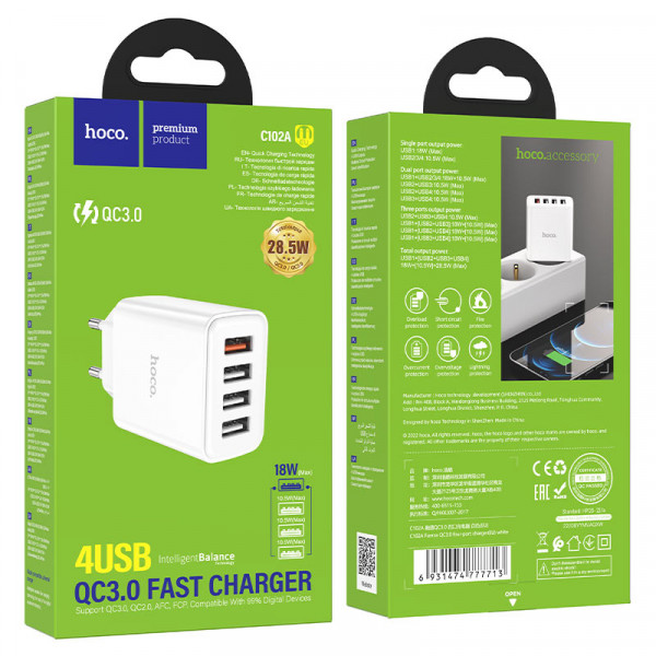СЗУ 110-240V HOCO C102A 4xUSB, QC3.0, White, Blister