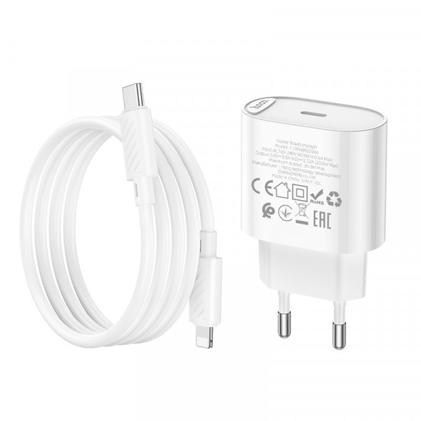 Набір СЗУ 110-240V HOCO C109A 1xUSB-C+ кабель Lighting, PD20W, кабель 1м, White, Blister