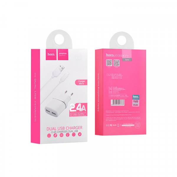 Набір СЗУ HOCO C12 Smart + кабель Micro, 2xUSB, 2.4A, кабель 1м, White, Blister