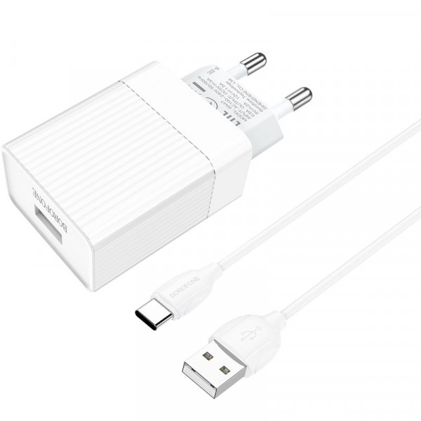 Набір BOROFONE BA47A СЗУ 1xUSB+ кабель Type-C/USB, 3A, 1м, White, Blister
