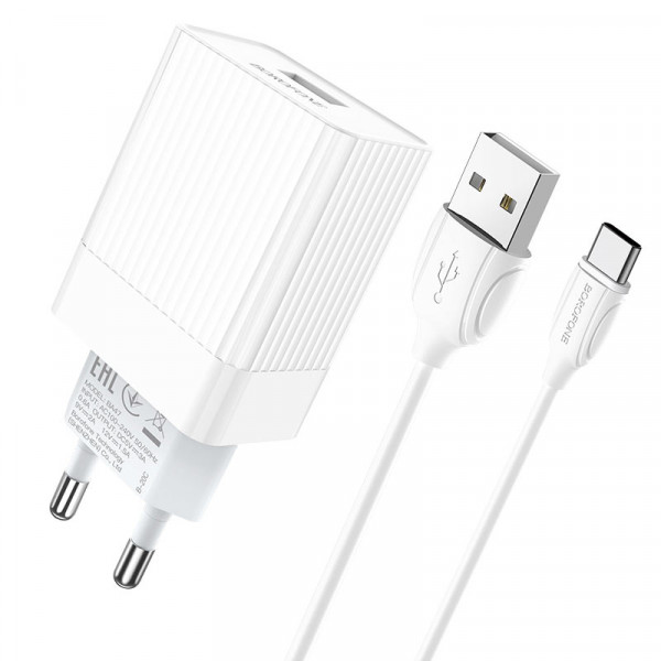 Набір BOROFONE BA47A СЗУ 1xUSB+ кабель Type-C/USB, 3A, 1м, White, Blister