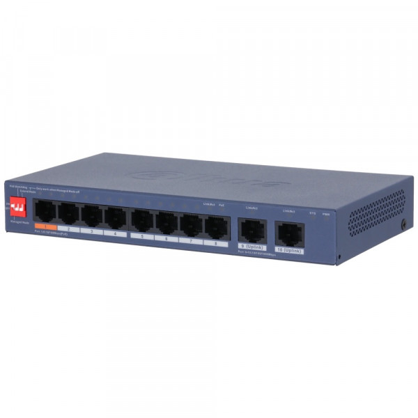 8-портовий керований PoE комутатор DH-CS4010-8ET2GT-60 з 8 портами POE 100Мбіт + 2 порти UP-Link 1000Мбіт, 60Вт, 184.6×103.3×27 мм