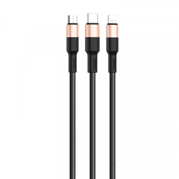 Кабель HOCO X26 USB-1 3 in 1 Micro/Iphone/Type-C, 2A, довжина 1м, Black/Gold, Box