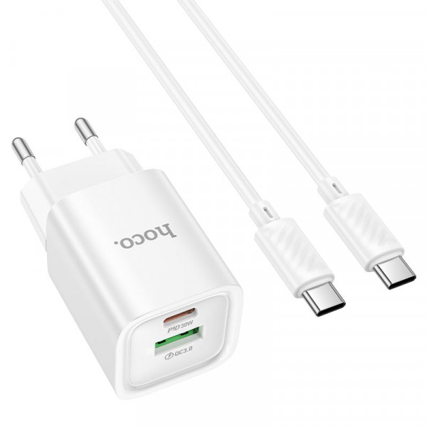 Набір СЗУ HOCO C149A СЗУ+ кабель Type-C/Type-C, 1xUSB-C+1xUSB, PD30W+QC3.0, кабель 1м, White, Box