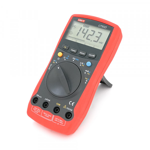 Мультиметр UNI-T UT60D(EU): вимірювання V~, V=, A~, A=, Ω, F, RPM. Функції продзвонювання, діоди, утримання, RS232, підсвічування. 185 87 50 мм. 0,380 кг