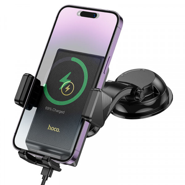 Автотримач HOCO HW22+ Wireless Charging 15W, кріплення на торпеду, затискач 50-90мм, Black, Box