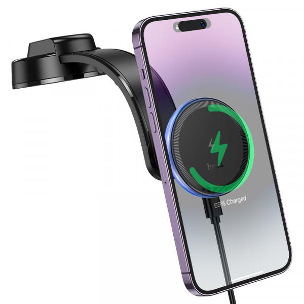 Автоутримувач HOCO HW25+ Wireless Charging 15W, кріплення на торпеду, затискач 50-90мм, Black, Box