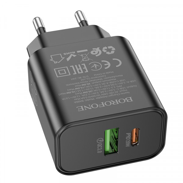 СЗУ BOROFONE BA88A, PD20W+Q3.0, 1xUSB-A+1xUSB-C, Black , Blister