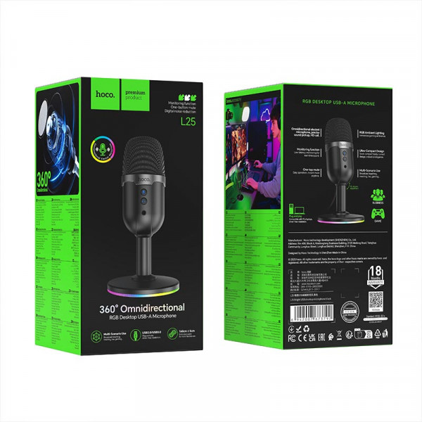 Настільний мікрофон HOCO L25, кабель 1.6м, Black, BOX
