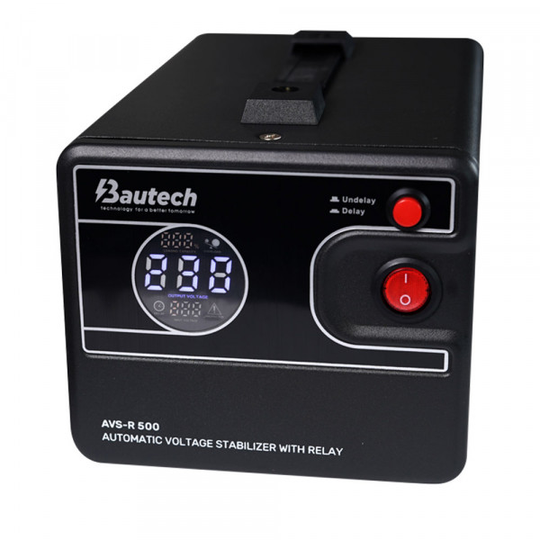 Стабілізатор напруги релейний Bautech AVS-R500VA/300W однофазний, підлогового монтажу, LED дисплей, діапазон 150-270V, AC230±8%, 140x118x220мм
