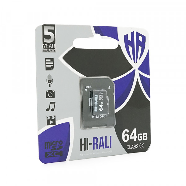 Карта пам'яті Hi-Rali microSDHC Class 10 UHS-I, з адаптером, 64GB, Blister