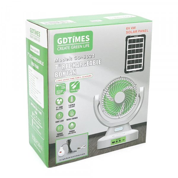 Вентилятор GDTIMES GD 8021+Ліхтар+Радіо, Solar+ вбудований акумулятор, Box