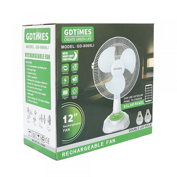 Вентилятор GDTIMES GD 8069LI, 12", Solar+ вбудований акумулятор, 2*USB лампочки, Box
