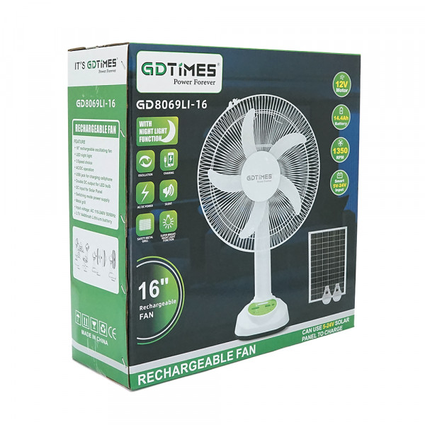 Вентилятор GDTIMES GD 8069LI-16, 16", Solar+ вбудований акумулятор, 2*USB лампочки, Box