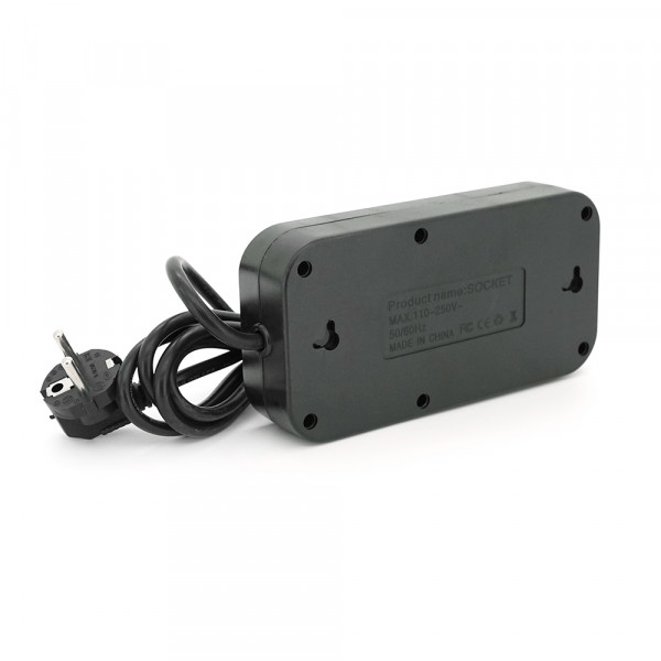 Фільтр F09U, 3 розетки EU + 4 USB + 1PD, кнопка включення з індикатором, 2 м, 3х0,75мм, 2500W, Black, Box