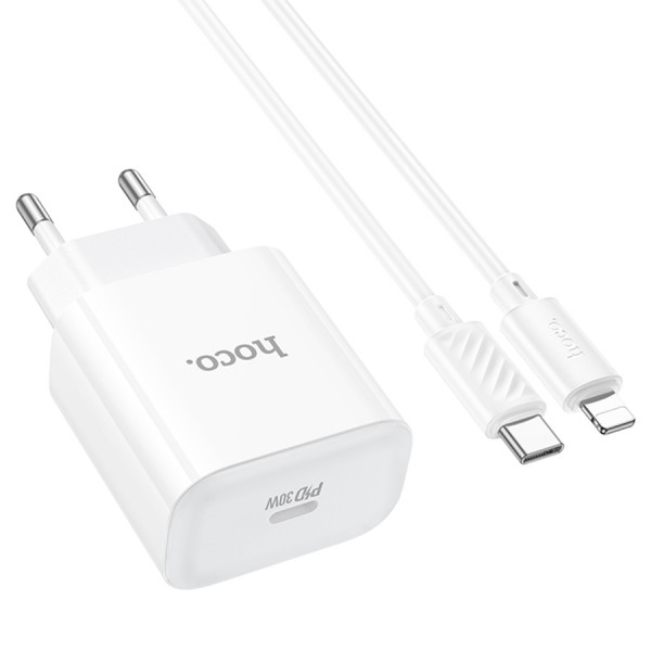 Набір СЗУ 110-240V HOCO C76A Pro+ Lighting кабель, USB-C, PD30W, кабель 1м, White, Box
