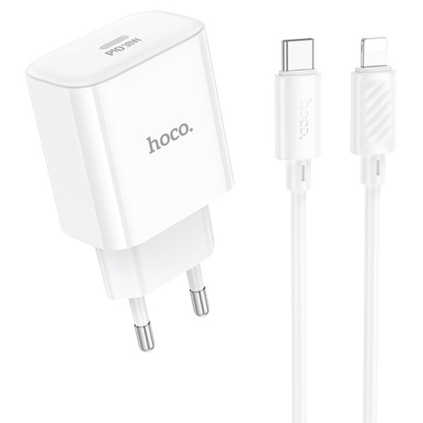Набір СЗУ 110-240V HOCO C76A Pro+ Lighting кабель, USB-C, PD30W, кабель 1м, White, Box