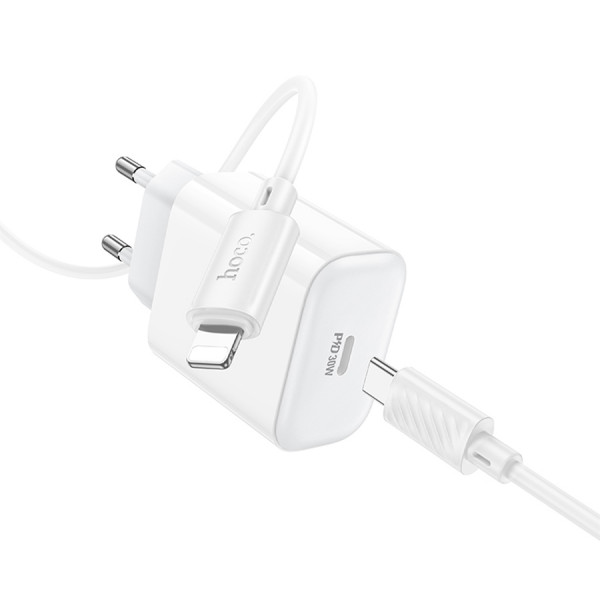 Набір СЗУ 110-240V HOCO C76A Pro+ Lighting кабель, USB-C, PD30W, кабель 1м, White, Box
