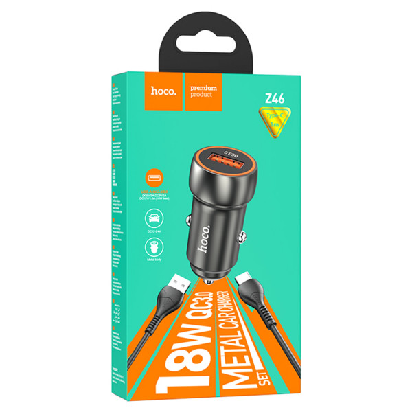 Набір АЗУ 12-24V HOCO Z46 + кабель Type-C, 1xUSB, 18W, кабель 1м, Black, Box