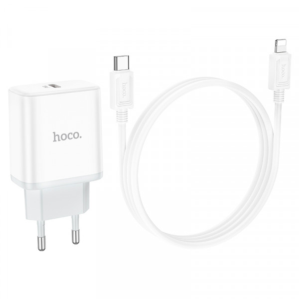 Набір СЗУ 110-240V HOCO C104A + кабель Lighting, 1xUSB-C, PD20W, кабель 1м, White, Box