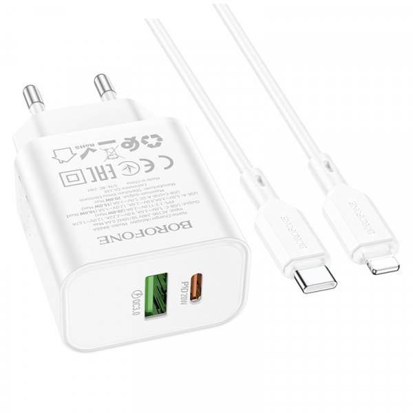 Набір BOROFONE BA88A СЗУ USB+Type-C+ кабель Lightning, PD20W+Q3.0, 1м, White, Blister