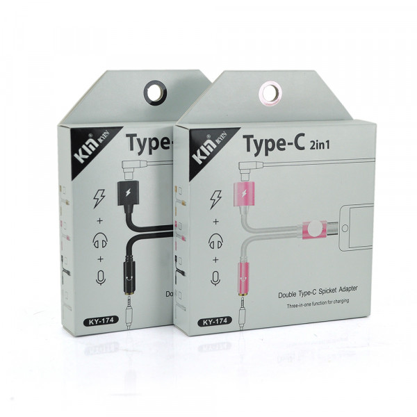 Перехідник 2 в 1 KY-174 Type-C(M) =>Type-C(F) + Jack 3.5mm(F), 5см, Black, Box