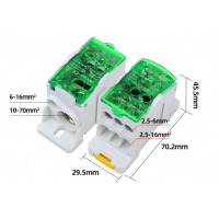 Паралельний розгалужувач-спліттер UKK160, 6 виходів (латунь) 6х16мм², вхід 1х70мм² + 1х16мм², AC/DC 1000V, 160А, 75*47*29,4 мм, GREEN