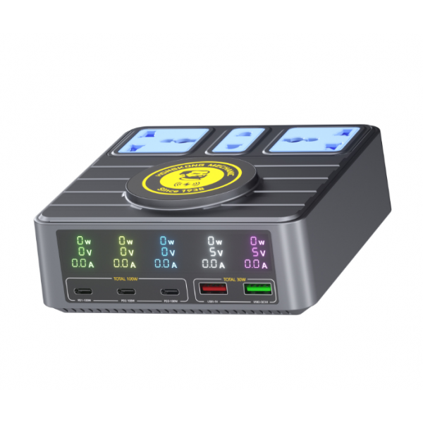 Зарядні станція з цифровою індикацією MECHANIC S-Power, 3*PD3.1-100W, QC3.0-15W, USB-A. Wireless Charging, 3*Socket, 220V/135W. 125*131*54mm