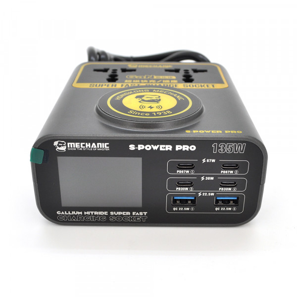 Зарядні станція з цифровою індикацією MECHANIC S-Power Pro, 4*PD3.1-30W, 2*QC3.0-15W,Wireless Charging, 2*Socket, 220V/135W. 131*125*47mm