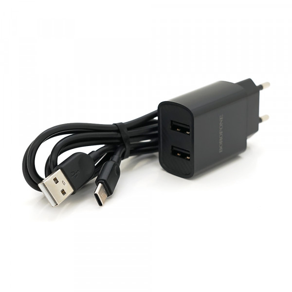 Набір BOROFONE BA53A СЗУ 2xUSB+ кабель Type-C, 2.1A, 1м, Black, Blister-box
