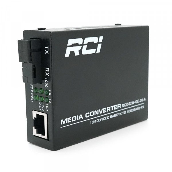 Медіаконвертер RCI A (IC+113), 1310 WDM 10/100/1000 одноволоконний Full/Half duplex, Gigabit SC 20km (0+70°C), + блок живлення 5V 1A Q50