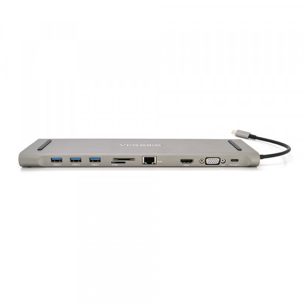 Хаб-конвертор VEGGIEG TC10 Type-C (тато) на Type-C (мама) + USB3.0 * 3 (мама) + HDMI (мама) + VGA (мама) + jack3.5 (мама) + SD / TF + RJ45, 10 см, Silver, Box