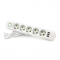 Мережевий фільтр F05U, 5 розеток EU + 3 USB, 1.5 м, перетин 3х0, 75мм, 2500W, White, Box