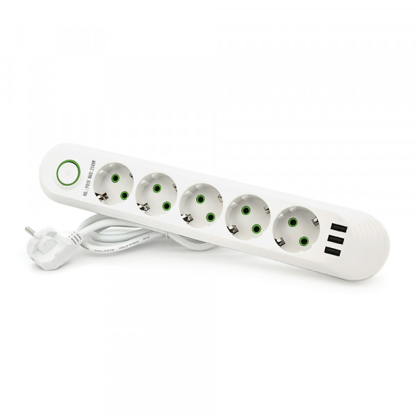Мережевий фільтр F05U, 5 розеток EU + 3 USB, 1.5 м, перетин 3х0, 75мм, 2500W, White, Box