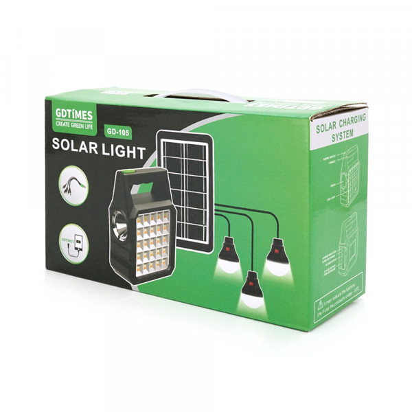 Переносний ліхтар GD-105+ Solar, 1+1 режим, вбудований аккум-Powerbank 10000mAh, 2USB, 3 лампочки 3W, USB вихід, Black, Box