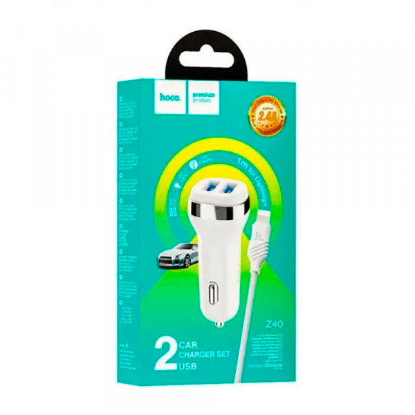 Набір АЗУ 12-24V HOCO Z40 + кабель Lighting, 2xUSB, 2.4A, кабель 1м, White, Box