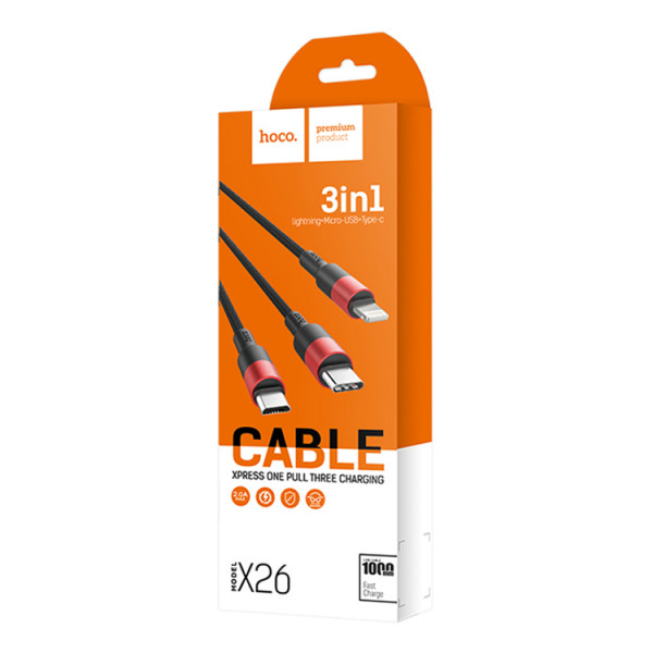 Кабель HOCO X26 USB-1 3 in 1 Micro/Iphone/Type-C, 2A, довжина 1м, Black/Red, Box