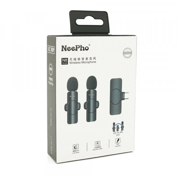 Петличний бездротовий мікрофон NeePho N8+(2шт), роз'єм Type-C, вбудований акумулятор 80 mAh, Black, Box