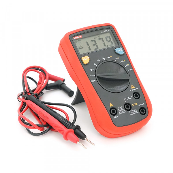 Мультиметр UNI-T UT136A Вимірювання: V (AC/DC), A (AC/DC), Ω, Hz, DUTY. Функції: Data Hold, продзвонювання, тест діодів, автовимкнення.