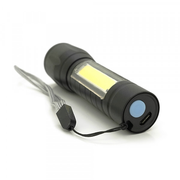 Ліхтарик 511COB, 3WLED+COB, CREE Q5, Zoom, 3 режима, алюміній, вбудований акум, USB кабель, 98х24х20, Box