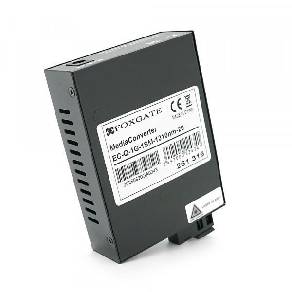 Медіаконвертер FOXGATE EC-Q-1G-1SM-1310nm, 1310 WDM, 1x10/100/1000 Base-Tx, одноволоконний Full/Half duplex, SC 20km (0+70°C), + блок живлення 5V 1A