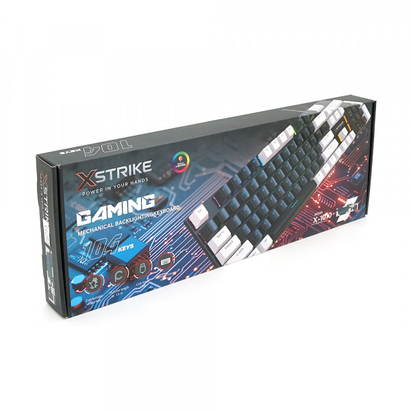 Механічна клавіатура USB XSTRIKE XS-1010, довжина кабелю 150см, RGB підсвічування, Eng/Укр/Рус, 465х165х45 мм, Black/White, 104к, Q20