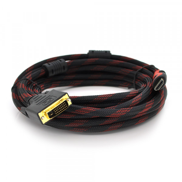 Кабель HDMI (тато)-DVI (тато) 5,0м, 2 ферити, обплетення, круглий Black/RED, Пакет