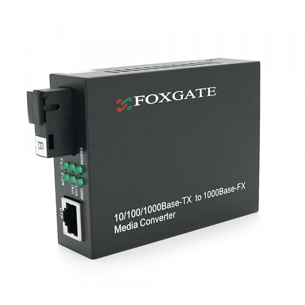Медіаконвертер FOXGATE EC-Q-1G-1SM-1550nm, 1550 WDM, 1x10/100/1000 Base-Tx, одноволоконний Full/Half duplex, SC 20km (0+70°C), + блок живлення 5V 1A