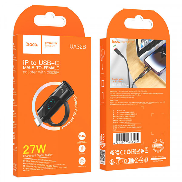 Перехідник HOCO UA32A Type-C(F) => Lighting(M), 60W, індикатор потужності заряду), Black, Box