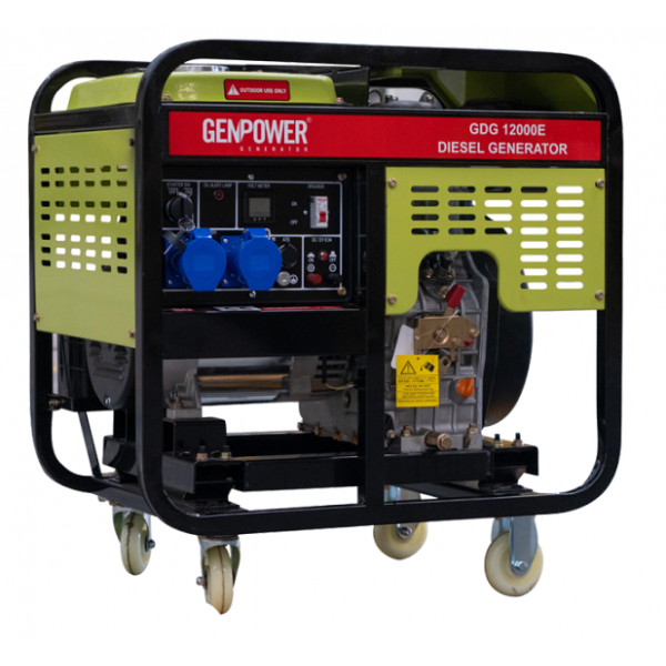 Генератор дизельний GENPOWER GDG 12000E, 1-фазний 230V, 50Hz, 12kVA/9.6kW, бак 30 л, витрата 0,28 л/кВтЧ, пуск: стартер (без АКБ)/AVR (без АКБ), 770х820х530 мм, 141 кг